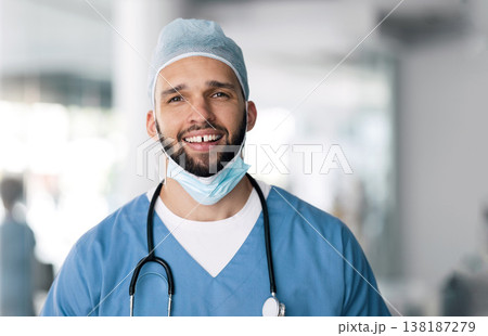 Portrait of man, surgeon in hospital with smile and ppe, healthcare worker with confidence in medicine and help. Health expert, medical professional and happy face of doctor in clinic for surgery. 138187279