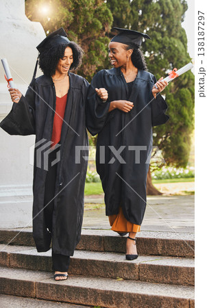 Outdoor, friends and women with graduation, celebration and happiness with future, college and degree. People, students and girls with education, university and achievement with success and diploma Outdoor, friends and women with graduation, celebration and happiness with future, college and degree. People, students and girls with education, university and achievement with success and diploma 138187297
