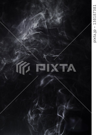 Abstract smoke, black background and mockup space with vapor, creative art and magic effect. Gloomy fog, dry ice or mystical swirl with special effects in studio, gas or smog with white puff by steam 138187381