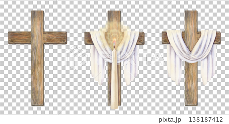 Set of three wooden Christian crosses, covered in white fabric, with burning candle. Spring Easter watercolor symbol of resurrection, faith, and hope. For church products, invitations, and Set of three wooden Christian crosses, covered in white fabric, with burning candle. Spring Easter watercolor symbol of resurrection, faith, and hope. For church products, invitations, and 138187412