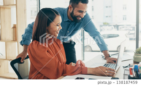 Business people, teamwork and collaboration on laptop for office training, project planning and advice in marketing. Professional woman, manager or employees on computer for social media research Business people, teamwork and collaboration on laptop for office training, project planning and advice in marketing. Professional woman, manager or employees on computer for social media research 138187459