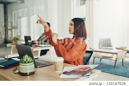 Office, invisible screen and business woman with finger for user interface, 3d hologram and ux mockup. Futuristic, corporate and person at desk with hands for research, online website or digital tech 138187626