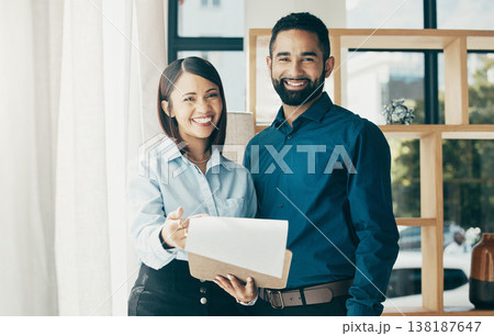 Business, man and woman with clipboard for collaboration, partnership or project management in office with smile. Professional. people and documents with paperwork for meeting or recruitment at work 138187647