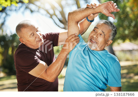 Senior man, friends and stretching at park for workout, exercise or outdoor training together. Mature male person or team in body warm up, arm stretch or preparation for cardio or fitness in nature Senior man, friends and stretching at park for workout, exercise or outdoor training together. Mature male person or team in body warm up, arm stretch or preparation for cardio or fitness in nature 138187666