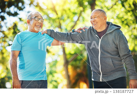 Fitness, friends and senior men in park for wellness, health and wellbeing in retirement, Sports, happy and mature people with smile, laughing and joy outdoors for exercise, workout and training Fitness, friends and senior men in park for wellness, health and wellbeing in retirement, Sports, happy and mature people with smile, laughing and joy outdoors for exercise, workout and training 138187727