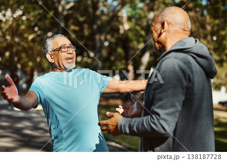 Smile, senior friends and hug at park outdoor, care and bonding together in meeting. Happy elderly men embrace in nature, reunion of connection and excited people greeting in garden for retirement Smile, senior friends and hug at park outdoor, care and bonding together in meeting. Happy elderly men embrace in nature, reunion of connection and excited people greeting in garden for retirement 138187728