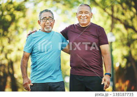 Mature men, friends or workout together in park, hug or smile for wellness, exercise or cardio health. Happiness, sportswear and strong for fitness, sport and train for retirement, strength or energy 138187735
