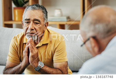 Stressed senior man talking to a psychologist at mental health, psychology and therapy clinic for session. Therapist with clipboard for counseling checklist with elderly male patient in modern office Stressed senior man talking to a psychologist at mental health, psychology and therapy clinic for session. Therapist with clipboard for counseling checklist with elderly male patient in modern office 138187748
