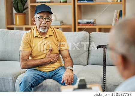 Consulting, doctor and senior man on sofa in therapy with walking stick for counselling discussion with checklist of pain. Elderly patent, talking and therapist for anxiety or mental health service 138187757