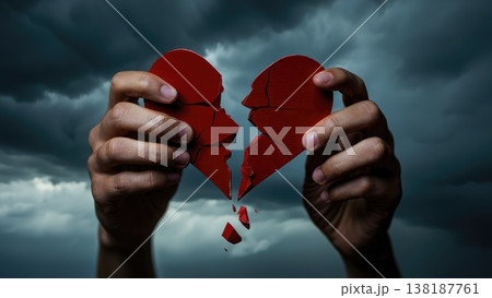 Broken heart in the hands - divorce concept. photo with red heart. Broken heart in the hands - divorce concept. photo with red heart. 138187761