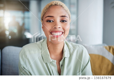 Happy woman, relax or portrait in home of freelancer with a smile on a living room couch on break. Face, calm or female person in an apartment resting after remote work on a lounge sofa with peace Happy woman, relax or portrait in home of freelancer with a smile on a living room couch on break. Face, calm or female person in an apartment resting after remote work on a lounge sofa with peace 138187879