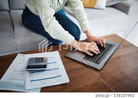 Computer, money and calculator with hands for home budget, financial planning and salary, rent cost or online loan. Person typing on laptop and sofa with cash and documents for mortgage and bills Computer, money and calculator with hands for home budget, financial planning and salary, rent cost or online loan. Person typing on laptop and sofa with cash and documents for mortgage and bills 138187902