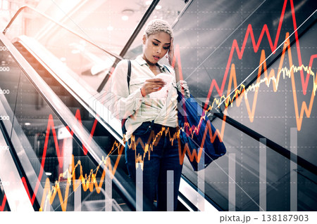 Inflation, woman and statistics in shopping mall by overlay of price increase, and food impact. Diversity, lady and shopping slip with budget, cost of living and less money for groceries or goods 138187903