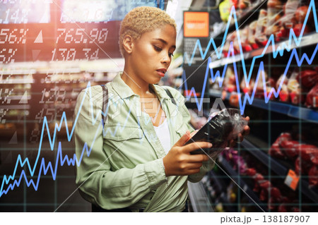 Woman, grocery store and shopping with price discount, sale and and graphs overlay of wholesale and fruits. African customer check cost, retail and food choice at convenience store or supermarket 138187907