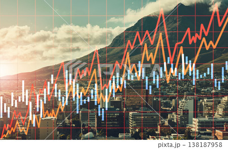City background, graphs or stock market with overlay, fintech or stocks with investment. Town, buildings or inflation with money, corporate deal or trading with finance, profit or economy with money City background, graphs or stock market with overlay, fintech or stocks with investment. Town, buildings or inflation with money, corporate deal or trading with finance, profit or economy with money 138187958