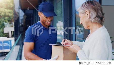 Delivery, package and black man with a woman, signage and box with clipboard, courier and client. Male worker, person and employee with a customer, parcel and cargo with document, retail or signature 138188086