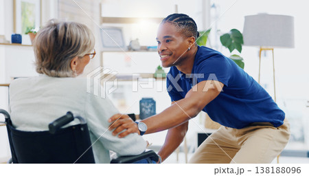 Black man, caregiver speaking or old woman in wheelchair talking or supporting in homecare rehabilitation. Medical healthcare or happy male nurse nursing or helping elderly patient with disability 138188096