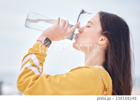 Woman, drinking water and outdoor with bottle to relax, rest and detox body in training, exercise or running. Drink, liquid and healthy hydration in summer morning with athlete and self care Woman, drinking water and outdoor with bottle to relax, rest and detox body in training, exercise or running. Drink, liquid and healthy hydration in summer morning with athlete and self care 138188248