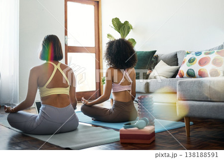 Yoga, meditation and friends in yoga online class in home, living room or women or streaming exercise and workout. Healthy, fitness and training with holistic learning for zen, wellness and peace 138188591