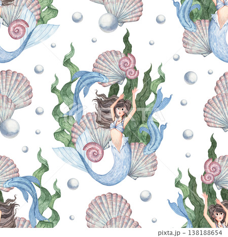 A seamless aqua pattern with a nautical theme featuring a beautiful mermaid and fish A seamless aqua pattern with a nautical theme featuring a beautiful mermaid and fish 138188654