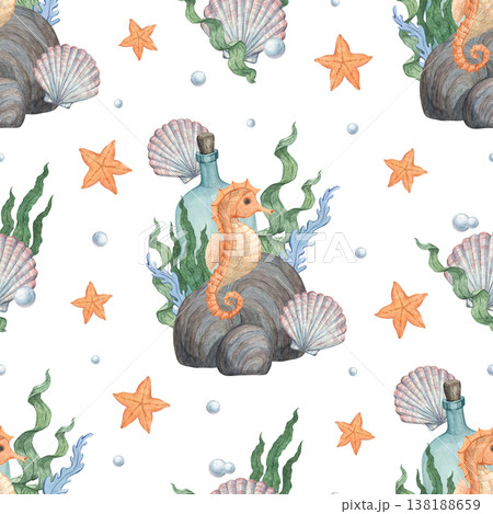 A seamless pattern with a watercolor illustration of a seahorse 138188659