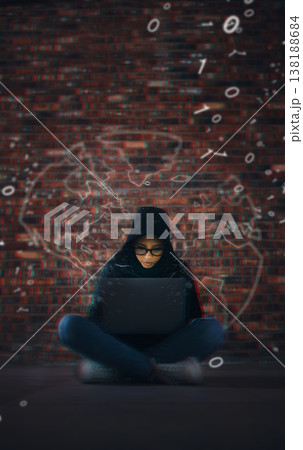 Hacker, coding overlay and woman on laptop in dark for cybersecurity, phishing and crime. Information technology, mockup and person on computer for software, network code and programming hologram Hacker, coding overlay and woman on laptop in dark for cybersecurity, phishing and crime. Information technology, mockup and person on computer for software, network code and programming hologram 138188684
