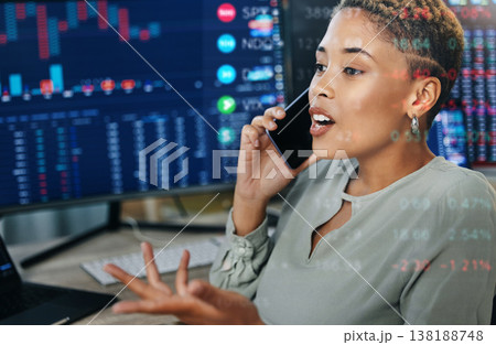 Woman, phone with data overlay and computer for crypto trading, networking or investment in cyber stocks. Nft, financial advisor or broker on cellphone for advice on profit, market info or statistics 138188748
