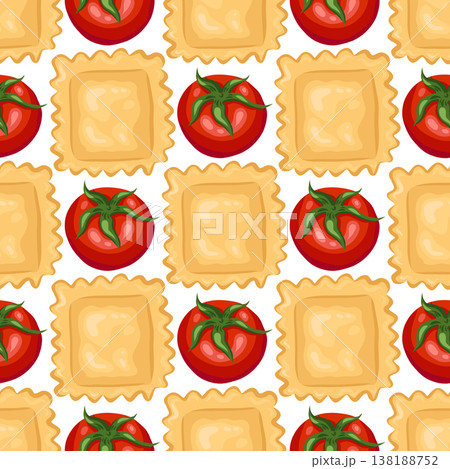 Tomato and ravioli vector seamless pattern. Hand drawn staggered pasta on white background. Italian food for restaurant menu design. Organic kitchen ornament for retro wallpaper and product packaging. Tomato and ravioli vector seamless pattern. Hand drawn staggered pasta on white background. Italian food for restaurant menu design. Organic kitchen ornament for retro wallpaper and product packaging. 138188752