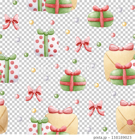 Cute Christmas gift boxes with bows and candies watercolor seamless pattern on white. Hand drawn cartoon presents in green, red and beige with polka dots. Happy New Year background for wrapping paper Cute Christmas gift boxes with bows and candies watercolor seamless pattern on white. Hand drawn cartoon presents in green, red and beige with polka dots. Happy New Year background for wrapping paper 138189023