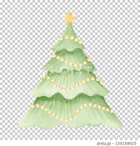 Simple Christmas tree decorated with lights garland and gold star on top watercolor illustration isolated on white for Happy New Year greeting cards and designs. Spruce kids cartoon clip art Simple Christmas tree decorated with lights garland and gold star on top watercolor illustration isolated on white for Happy New Year greeting cards and designs. Spruce kids cartoon clip art 138189025