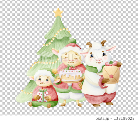 Happy lamb and goat family on Christmas party watercolor isolated illustration. Cartoon animals in winter clothes with gifts and cake near Christmas tree. Adorable smiling hand drawn characters 138189028