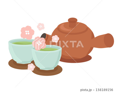 急須と茶托付きの緑茶　桜　イラスト 138189156