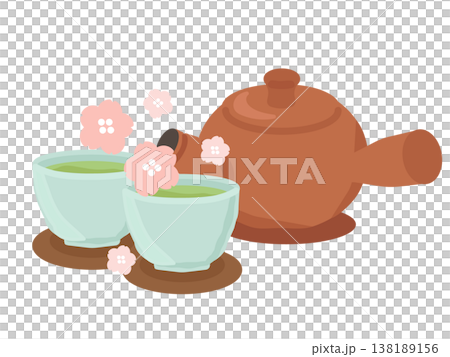 急須と茶托付きの緑茶　桜　イラスト 138189156