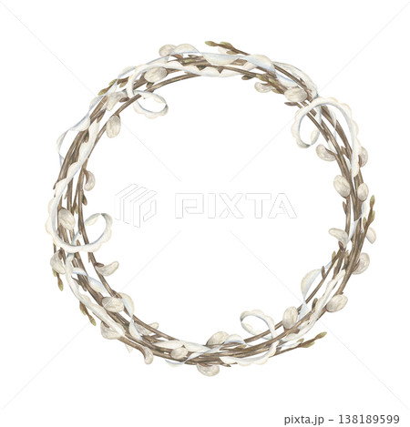 Willow branch with white ribbons wreath on isolated background. Fluffy white catkin twigs frame with copy space for text. Spring illustration for greeting cards, seasonal decor 138189599