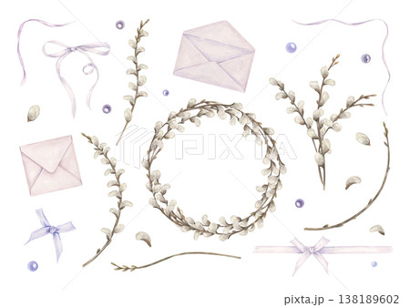 Willow branches, envelopes, ribbons, tied bows and beads clip art watercolor illustration on isolated background. Easter accessories set for greeting cards, invitations, spring packaging 138189602
