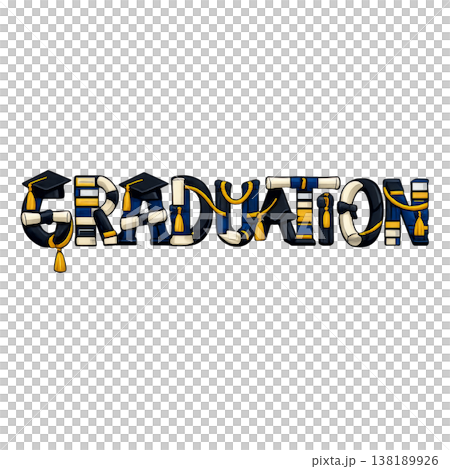 Graduation word with academic elements on black background. Isolated on transparent background 138189926