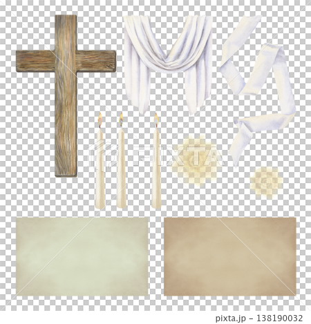 Easter design kit includes a wooden Christian cross, draped white fabric, neutral colored backgrounds, burning candle, halo of light. Watercolor template for church products, invitation, announcement 138190032