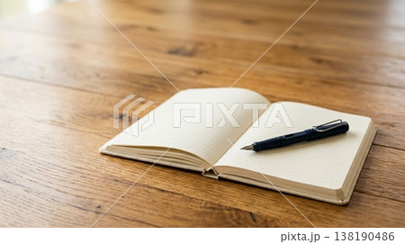 Open Notebook with Pen on Wooden Surface Ready for Writing and Ideas 138190486