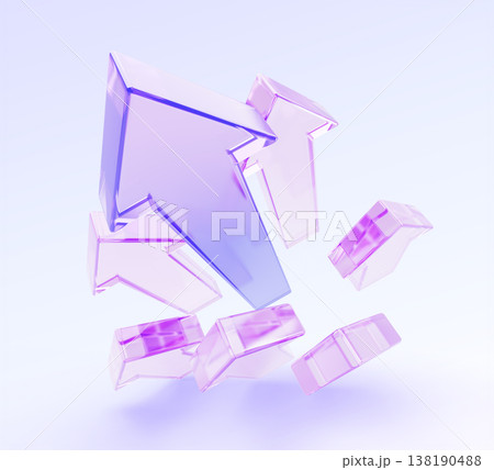 Abstract glass arrows 3D background with holographic gradient. High speed effect up, iridescent transparent triangle lines, top view. Tech innovation, business growth, moving forward. 3D illustration 138190488