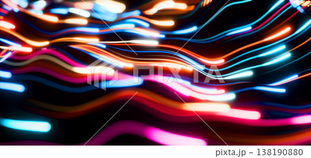 Neon speed light lines 3D background. High energy particles with glowing curve trails and motion blur. Abstract futuristic tech pattern. Bright luminous waves and flare streak effects. 3D illustration 138190880