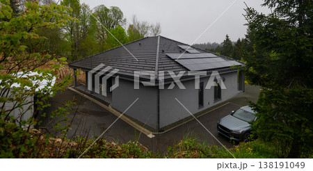 Modular modern smart house with solar panels and automated systems seen from an aerial view Modular modern smart house with solar panels and automated systems seen from an aerial view 138191049