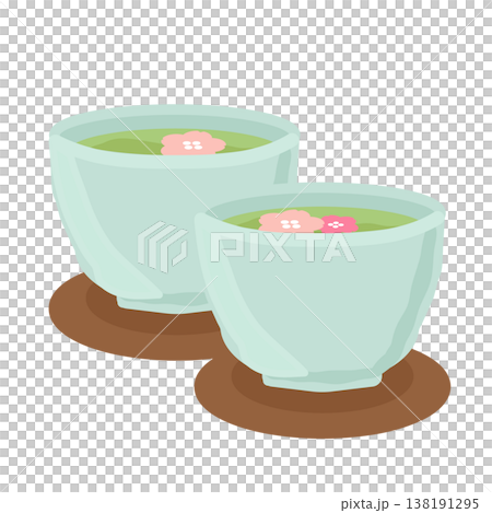 盛在碟子裡的綠茶，碟子上裝飾著一朵漂浮的櫻花（插圖） 138191295