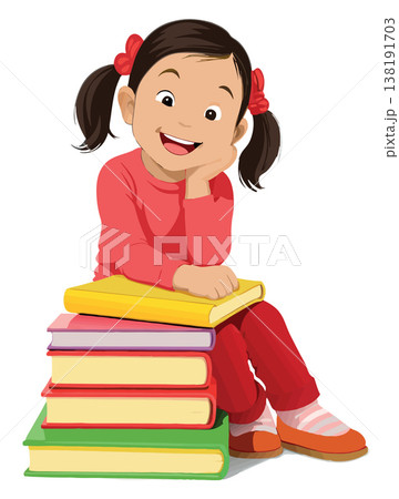 Vsai smiling girl sitting on stack of books, education and knowledge concept 138191703