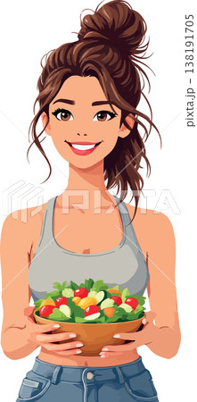 Vsai young smiling woman holding wooden bowl of fresh salad promoting healthy lifestyle 138191705