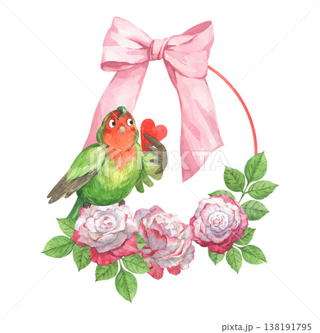 A cute little parrot sits on a perch among roses 138191795