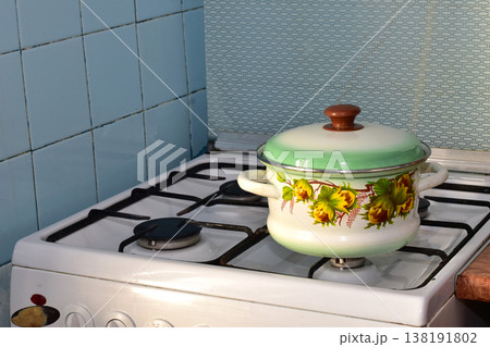 Gas stove top view. 138191802