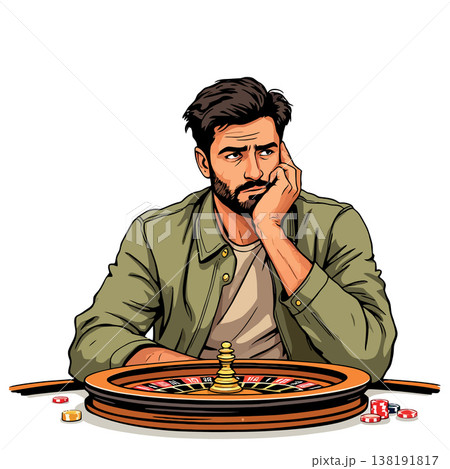 Vsai pensive gambler contemplating roulette wheel outcome 138191817