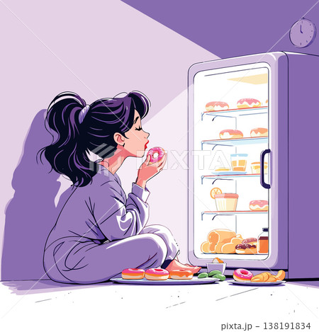Vsai young woman eating donut at night in front of refrigerator full of food Vsai young woman eating donut at night in front of refrigerator full of food 138191834