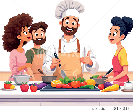 Vsai chef teaching cooking class to happy students with vegetables on kitchen counter 138191838