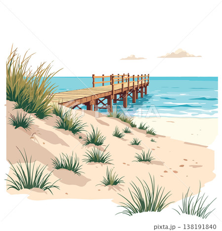 Vsai wooden pier stretching into the tranquil ocean from a sandy beach 138191840